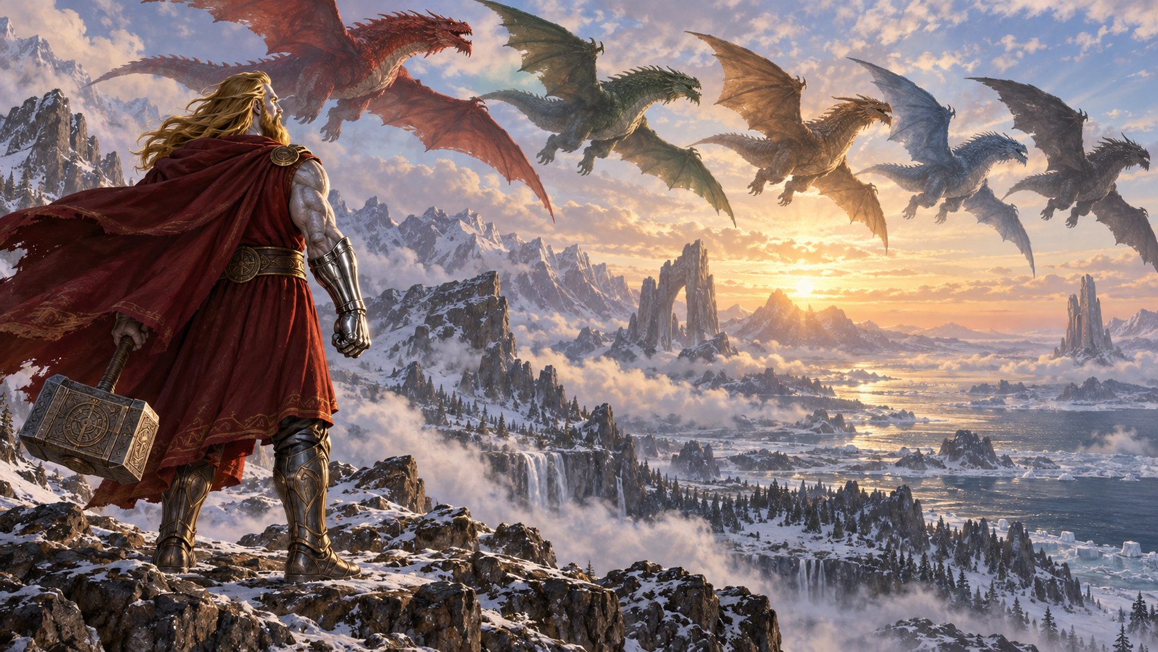 Keeper Tyr with his silver hand and hammer, watching five proto-dragons above a northern landscape