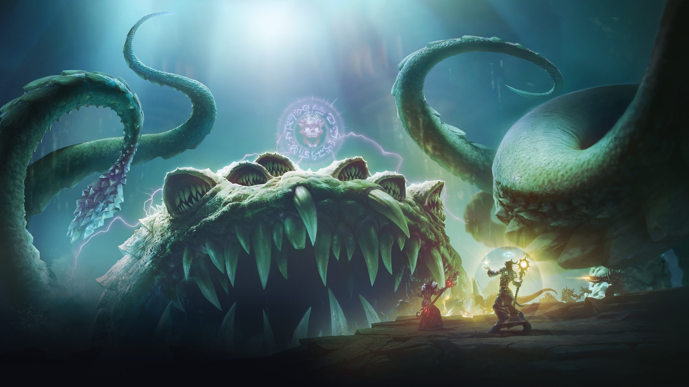 Adventurers confront the many-mouthed Old God Yogg-Saron in Ulduar