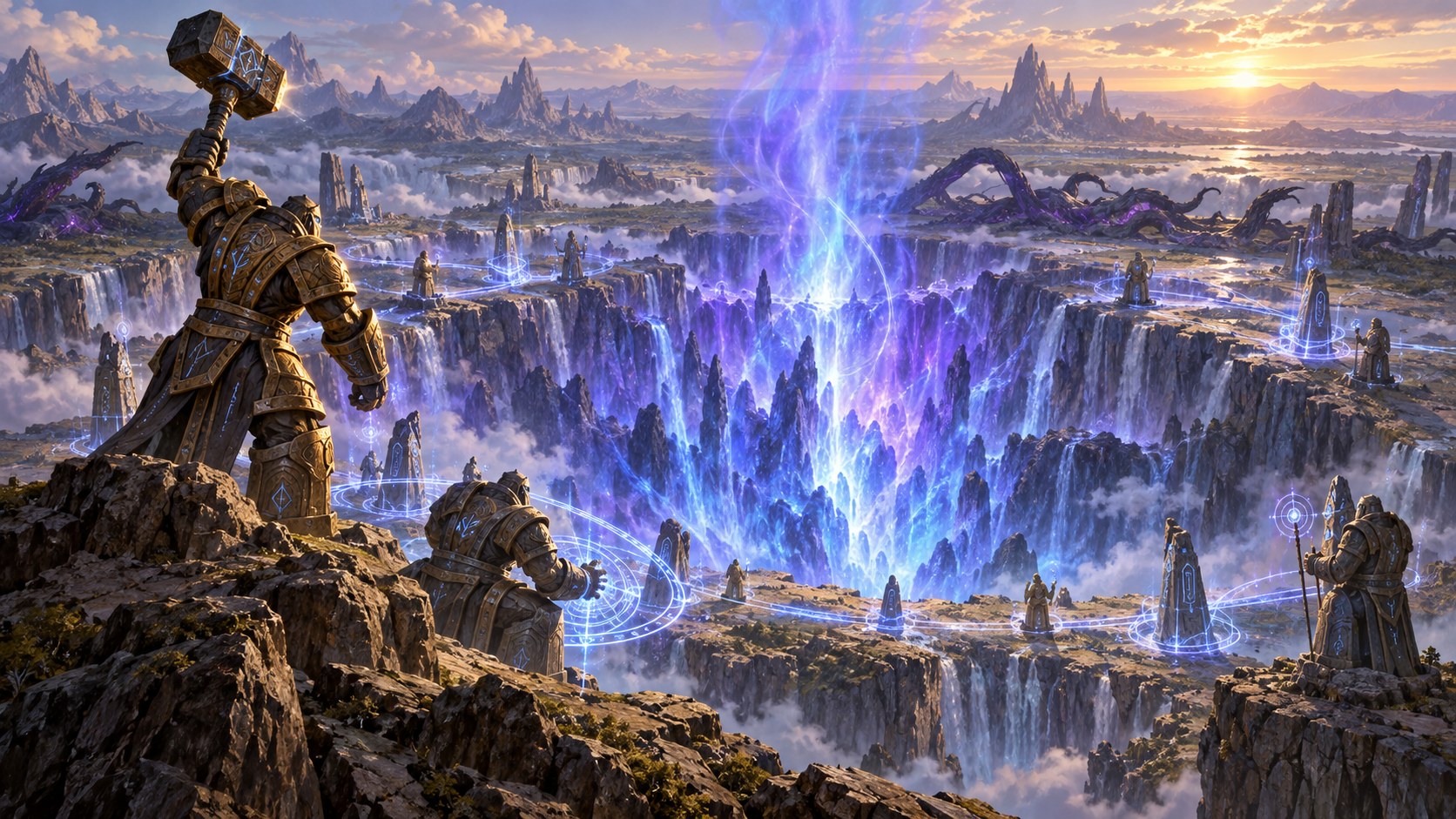 Titan-forged keepers build magical wards around a vast eruption of arcane energy