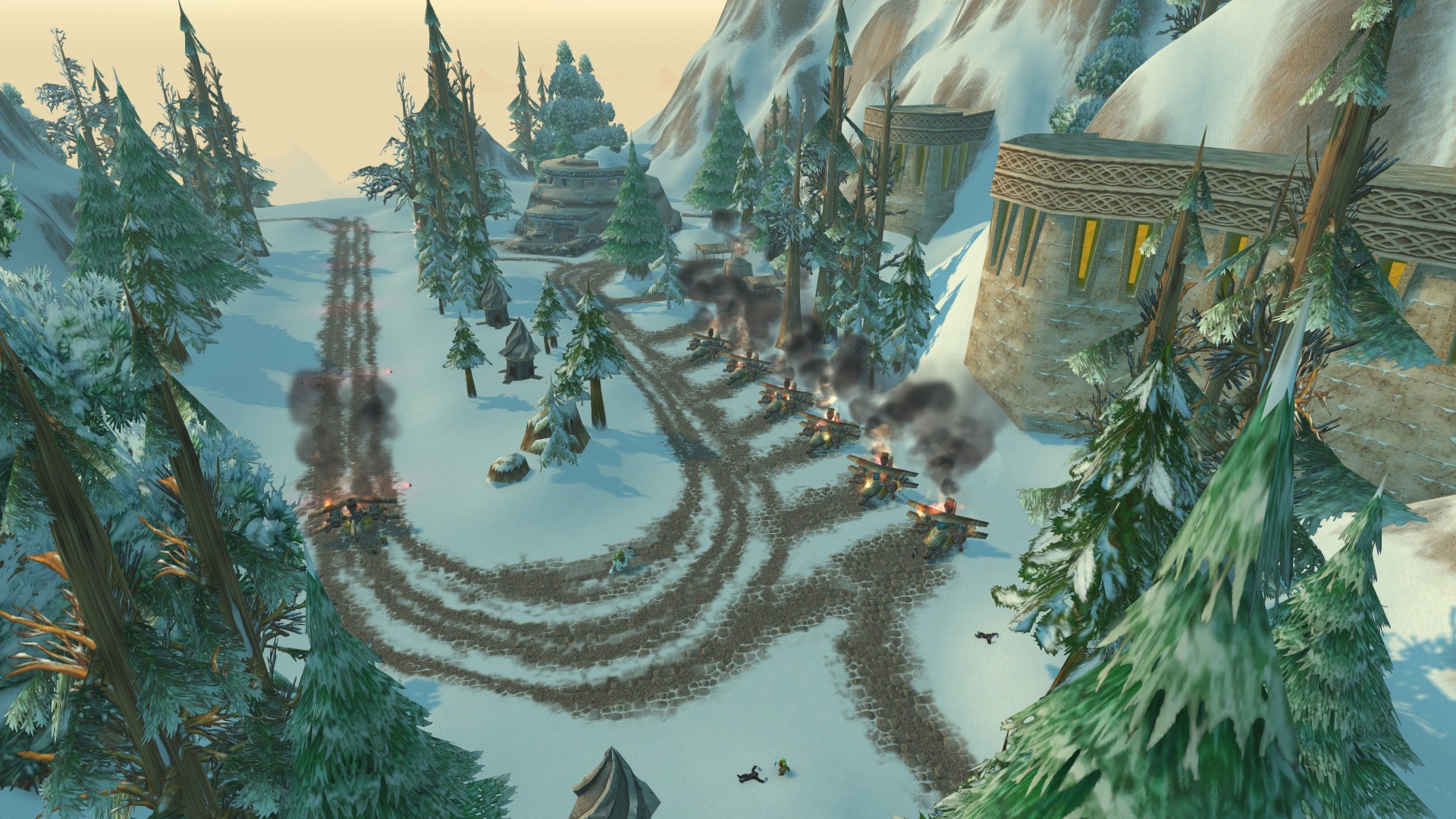 Damaged flying machines on the snowy landing strips of Ironforge Airfield