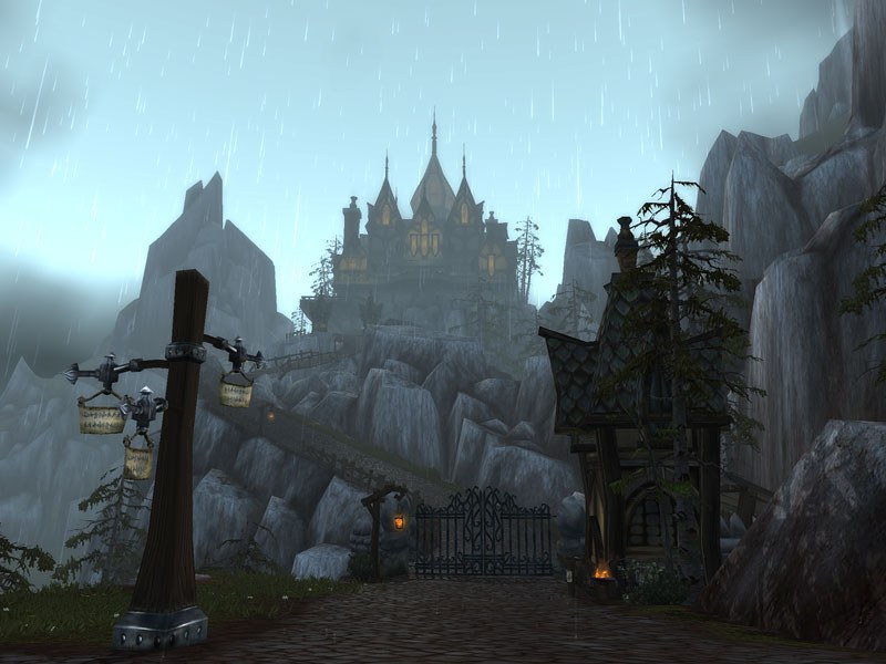 A rain-soaked road beneath Greymane Manor in Gilneas