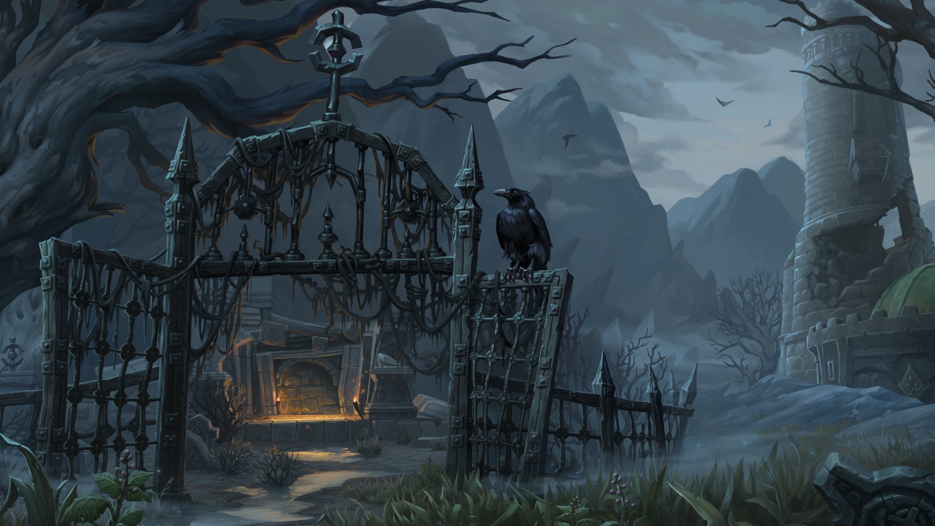 A raven on cemetery gates beside the entrance to Karazhan Crypts