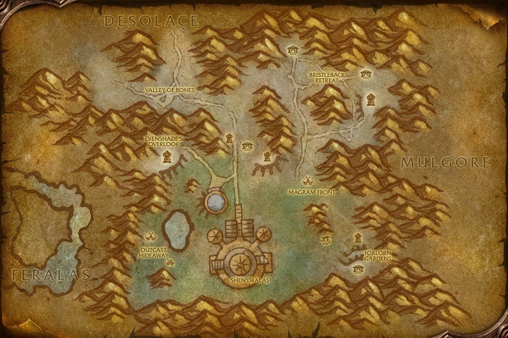 The Shen’dralas game map showing Desolace, Mulgore and Feralas around its borders