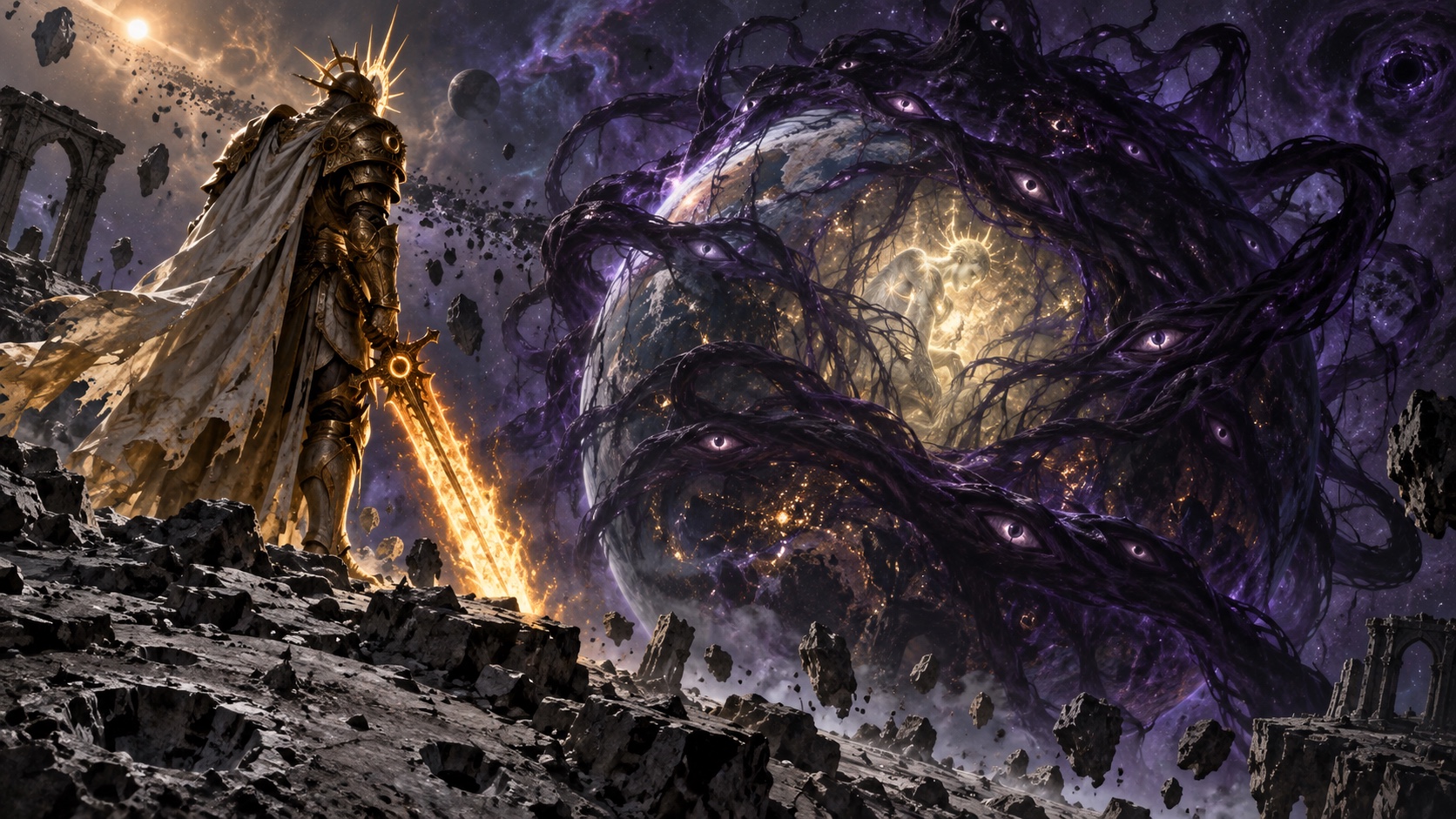 A celestial warrior confronts a world-soul consumed by the Void