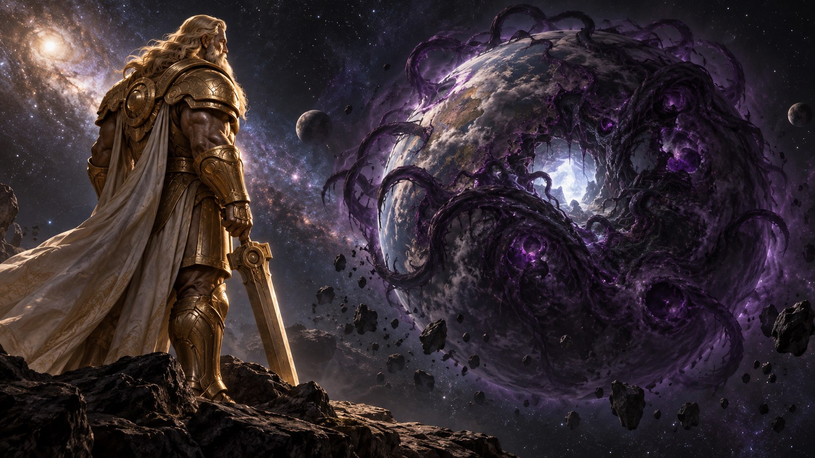 An uncorrupted bronze titan studies a planet engulfed by purple-black tendrils