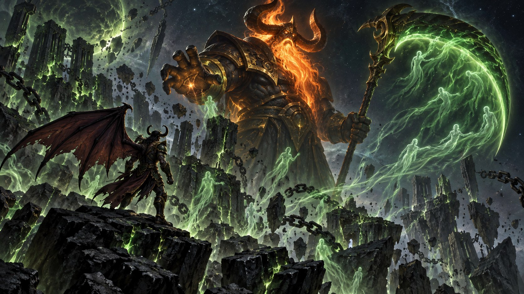 Sargeras confronts a defiant winged dreadlord with a felsteel scythe amid Mardum’s ruins