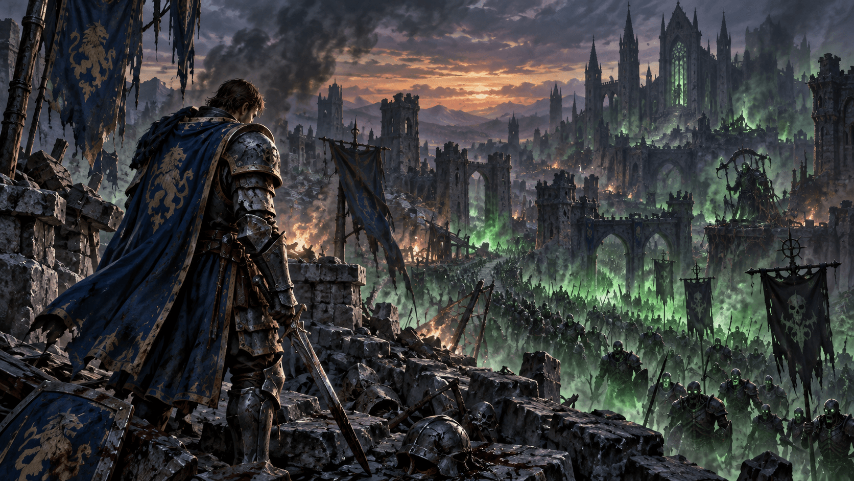 A lone Lordaeron guard faces an undead army advancing through the ruined kingdom
