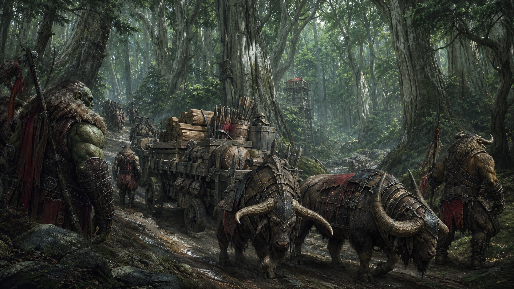 A guarded supply convoy carries timber and ammunition through Ashenvale