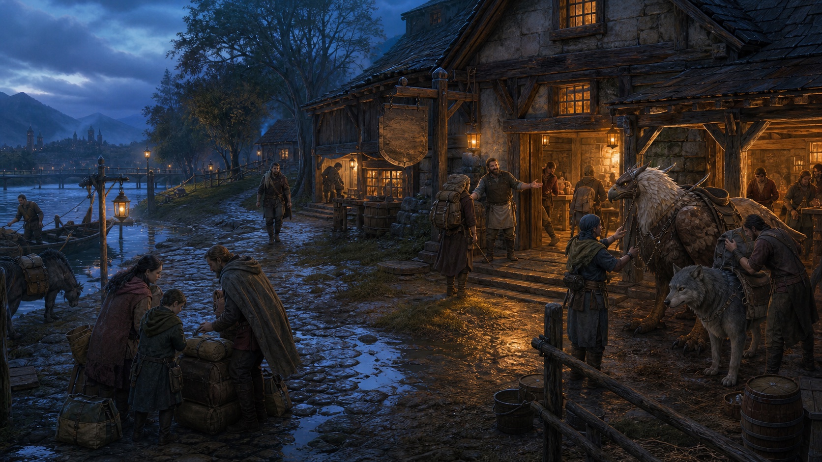 Travelers arrive at a roadside inn where road, stable and river meet