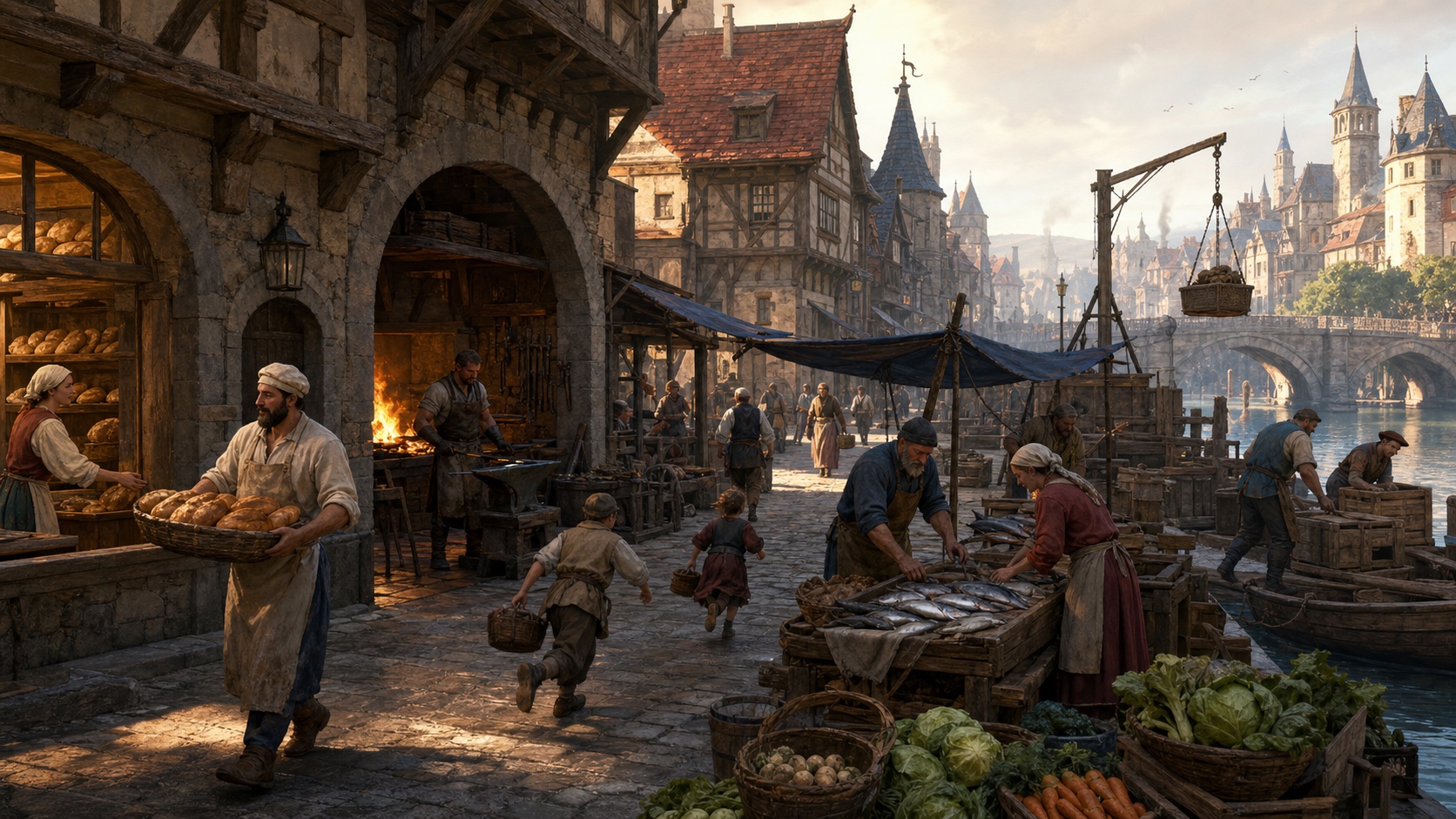 Bakers, smiths, fishmongers and dock workers begin an ordinary morning