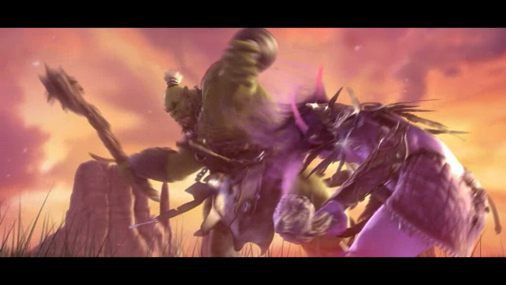 An orc warrior and a night elf druid clash in the cinematic’s final battle