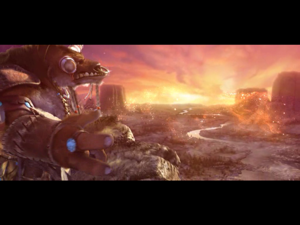 A tauren shaman releases glowing dust over Mulgore at sunset