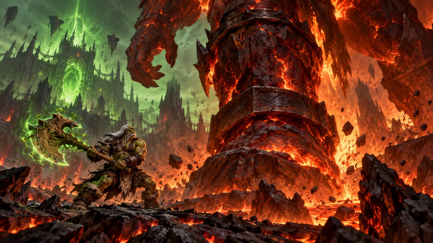 Broxigar raises an enchanted wooden axe beside the immense armored leg of Sargeras beyond the portal.