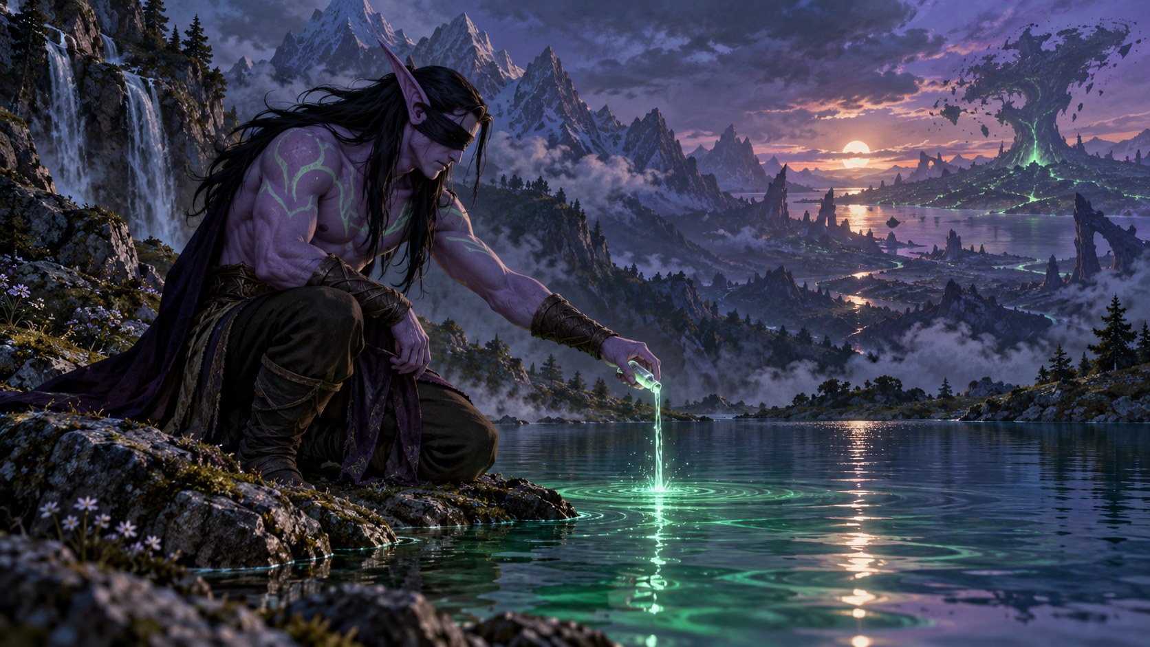 Illidan pours preserved water into a mountain lake after the Sundering.