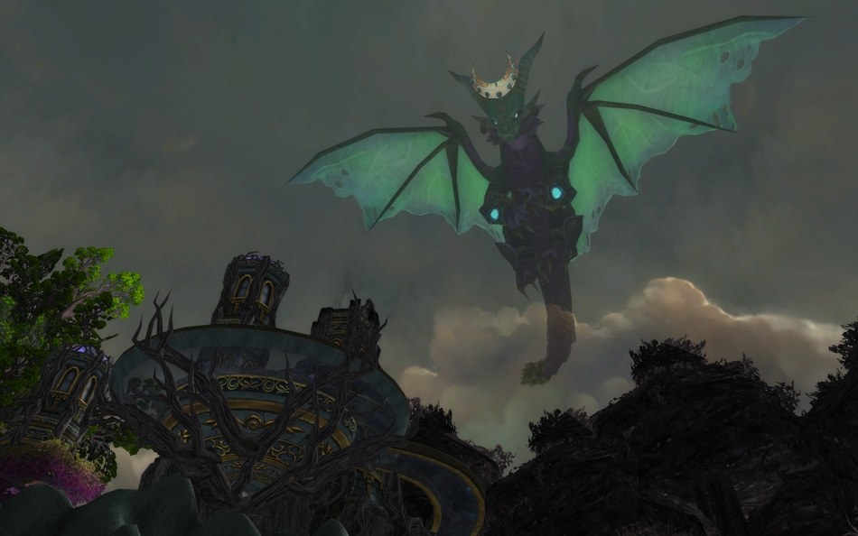 A fel-corrupted dragon flies above ancient night elf buildings in the Well of Eternity dungeon.