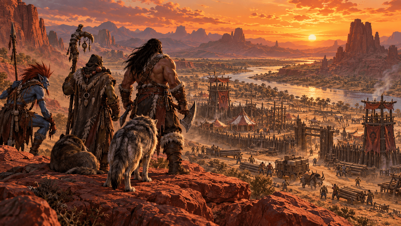 Rexxar, Thrall and Rokhan look over a young Durotar settlement