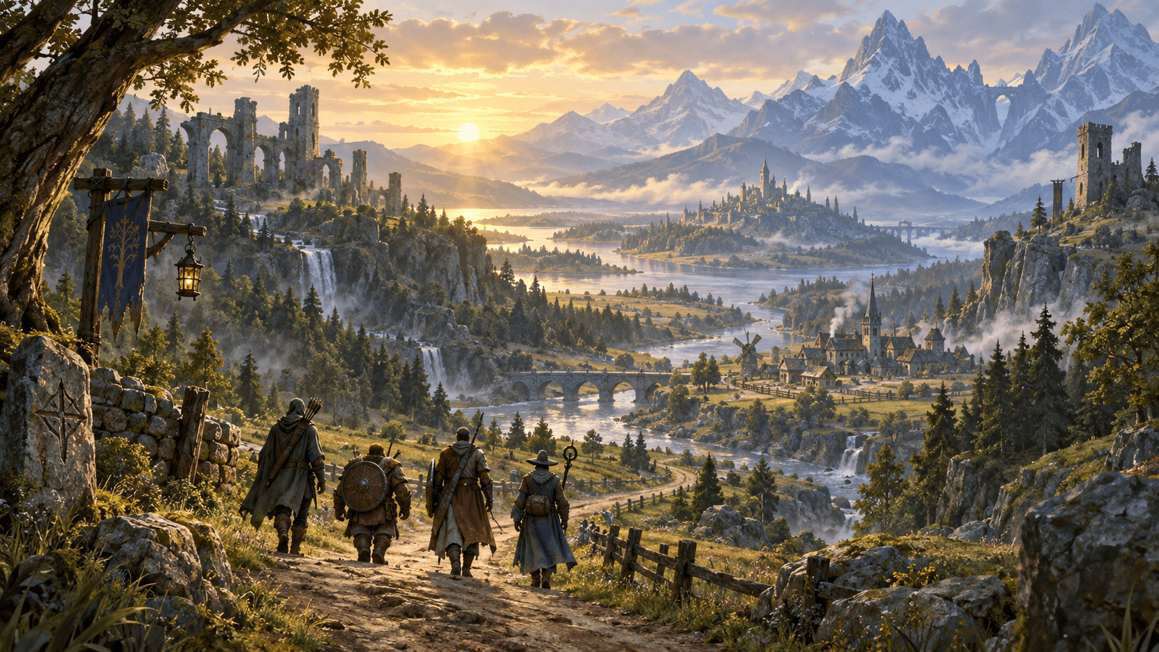 A party of adventurers follows an old road through a vast living fantasy world
