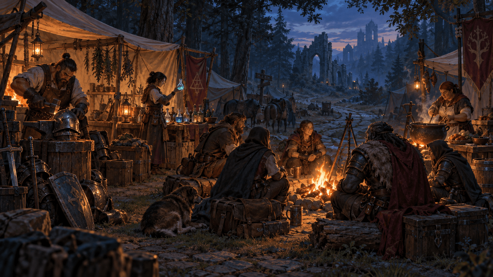 Profession specialists and adventurers gather around a campsite before an expedition