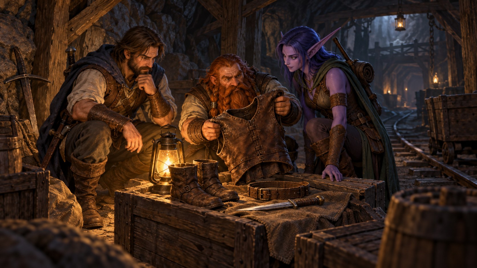 Adventurers examine leather armor and equipment by lantern light in an abandoned mine