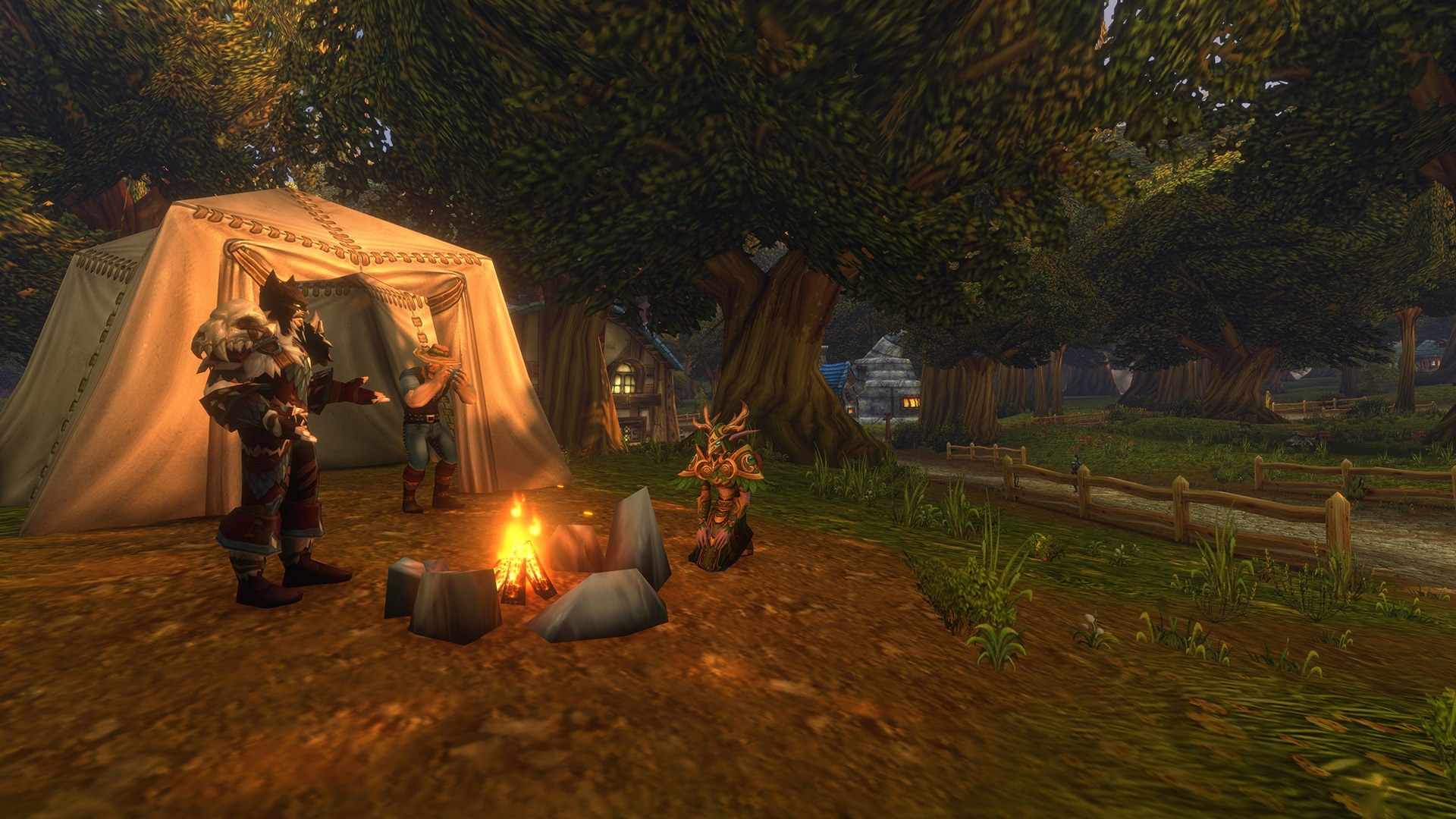 Characters gather beside a tent and campfire in a wooded World of Warcraft Forever settlement