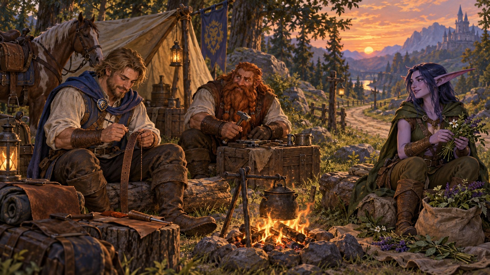 A human, a dwarf, and a night elf gather around a roadside camp with crafting equipment