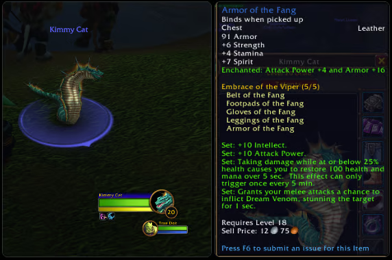 WoW Forever serpent form beside the complete Embrace of the Viper set tooltip